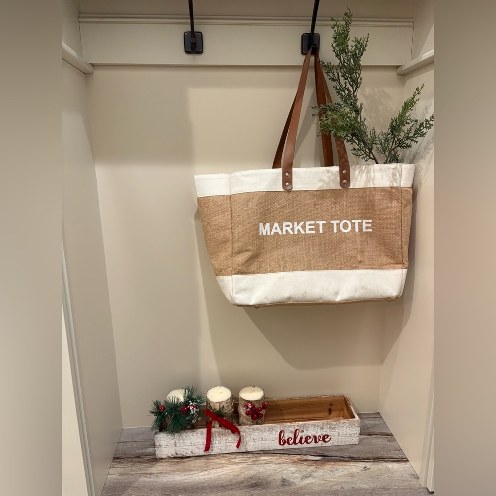 Tan and White Market Tote Bag